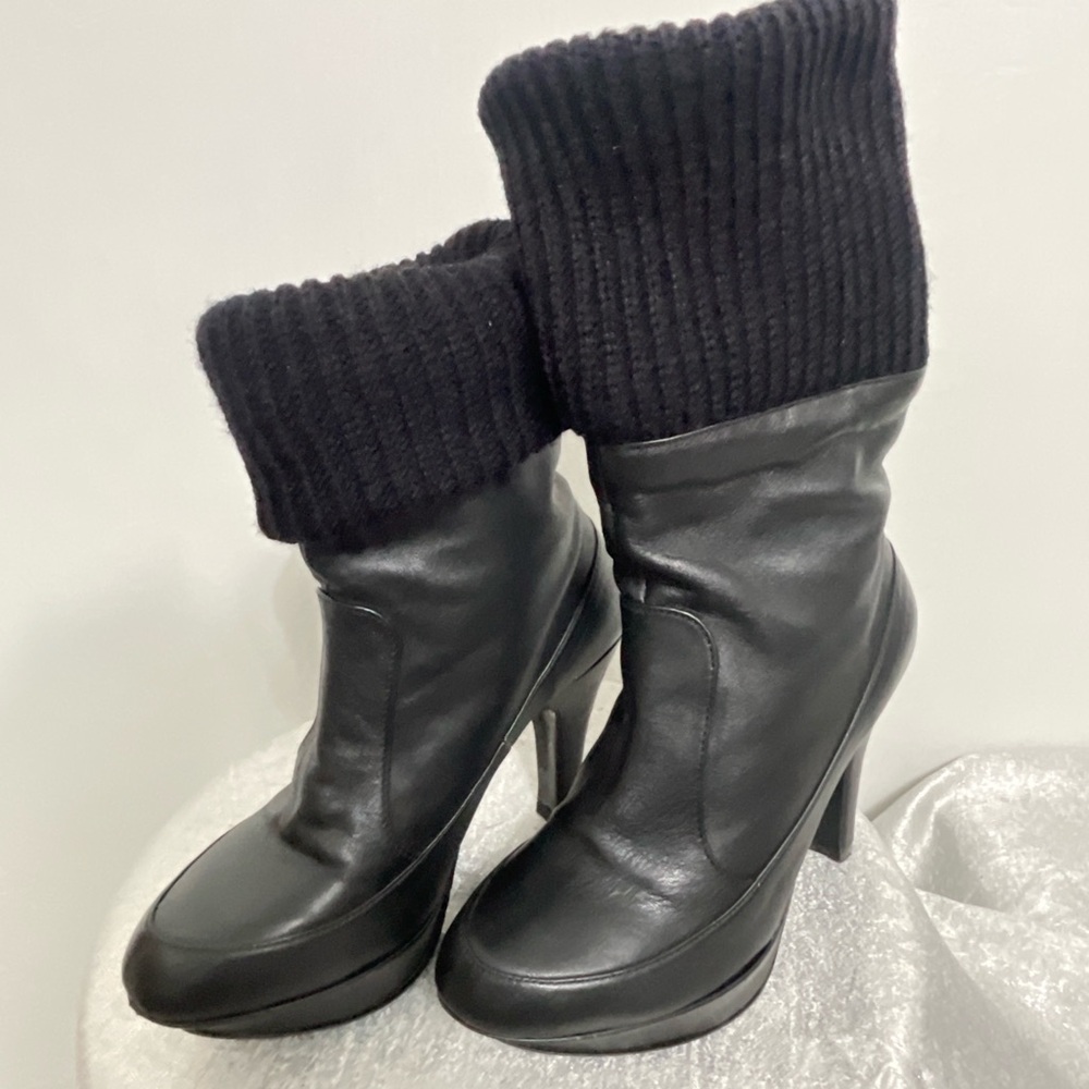 Ramiro Olivares Size 5US-MX3 Black Leather Knit Cuff High Heel Booties(B46)